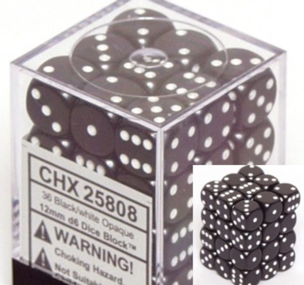 Chessex 36D6 12Mm Opaque Black/White Chx25808