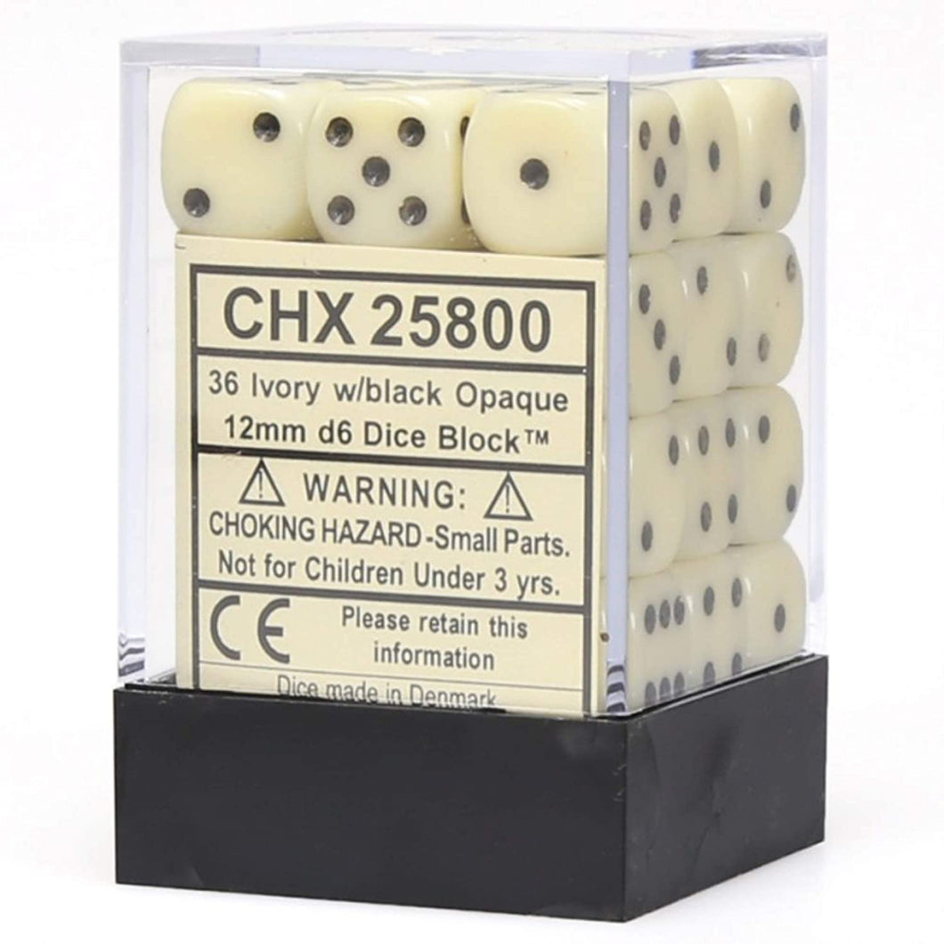 Chessex 36D6 12Mm Opaque Ivory/Black Chx25800
